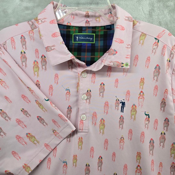 William Murray Size Large And They're Off Pink Horse Derby Print Polo - Picture 1 of 9